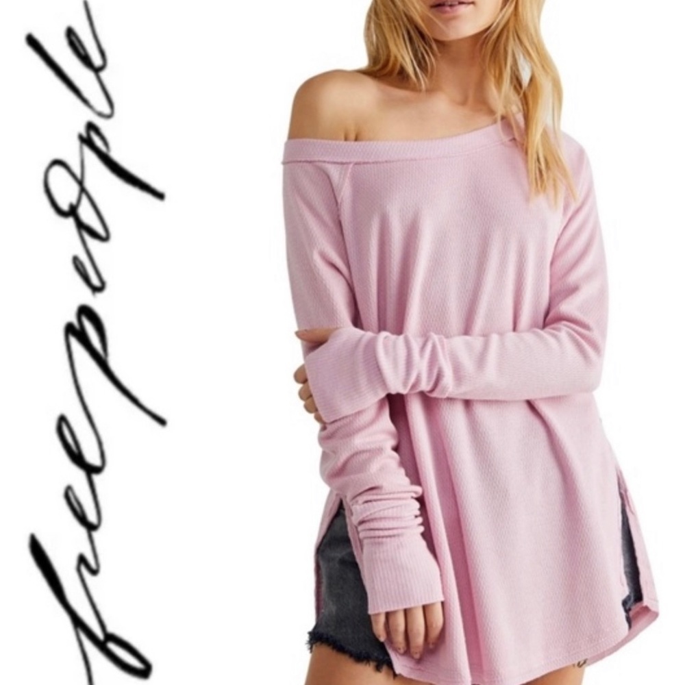 FREE PEOPLE Snowy Pink Thermal Waffle-knit Oversized Long Sleeve Top NWT
